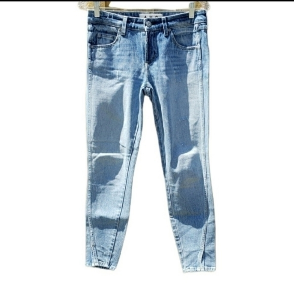 AMO Twist Sweet Cheeks Skinny Distressed Denim Blue Jeans Size 26